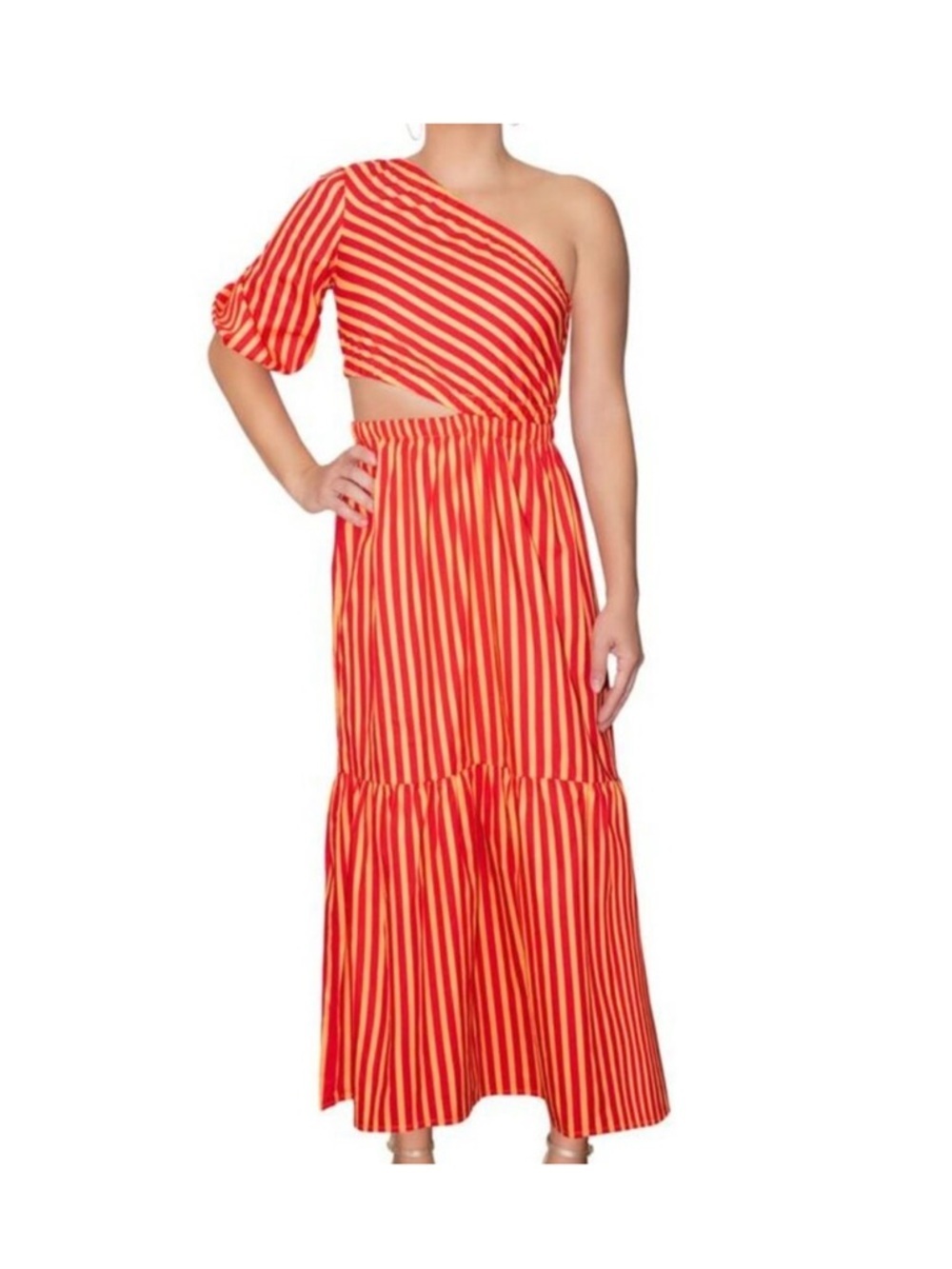 RACHEL Rachel Roy One-Shoulder Red and Yellow Striped Colorblock Maxi Dress